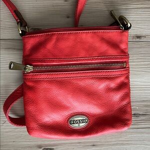 Fossil Coral Red Leather Crossbody Bag